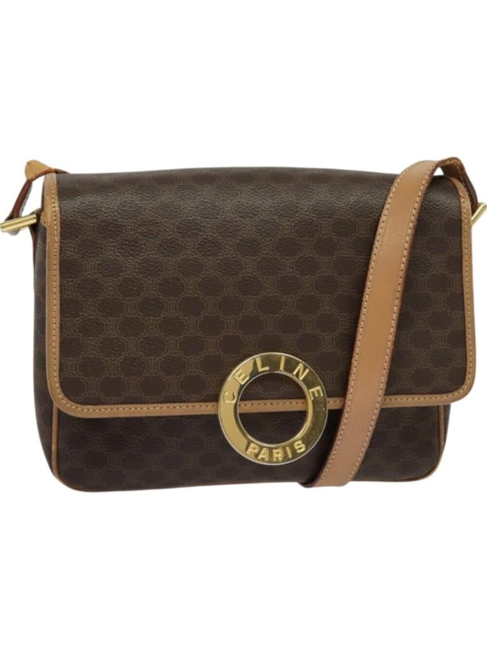 CELINE Macadam Canvas Circle Shoulder Bag PVC Leather Brown Gold